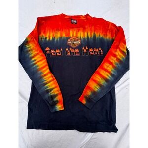 Vintage 2002 Harley Davidson Feel The Heat Flame Tie Dye Shirt Mens Small Black